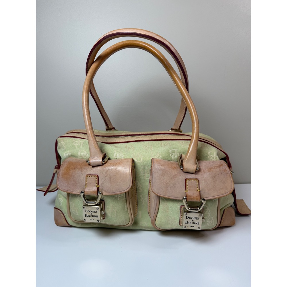Dooney & Bourke Pastel Green Satchel Bag Y2K Monogram Canvas Leather Double Lock